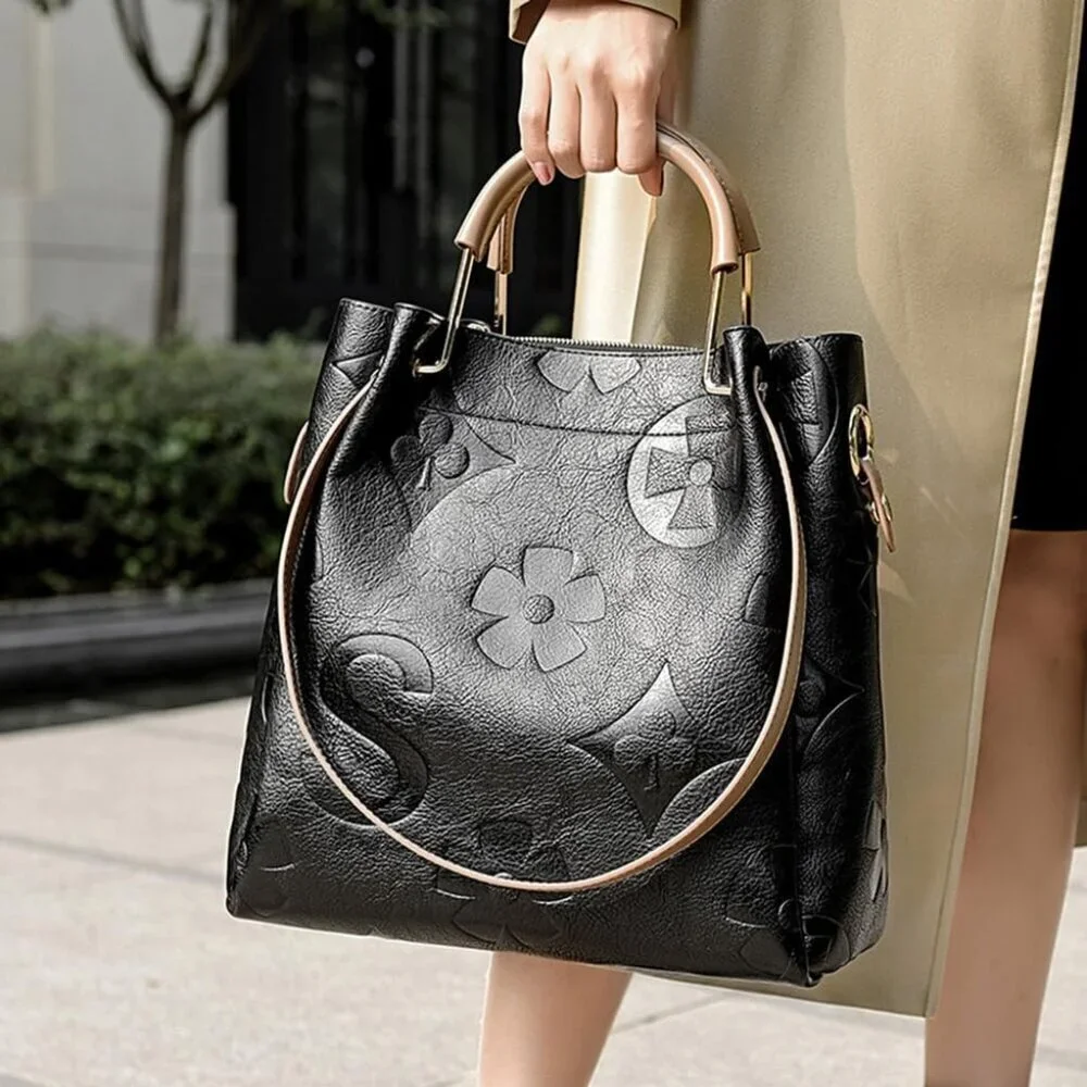 Women’s Faux Leather Bucket Bag Floral Embossed Tote Multiple Ways